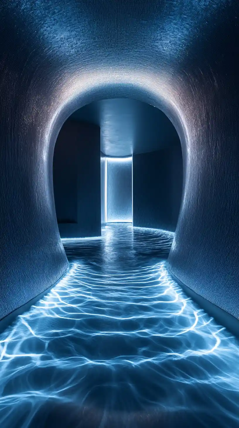 Interno futuristico di capsula rotonda con onde sonore luminose