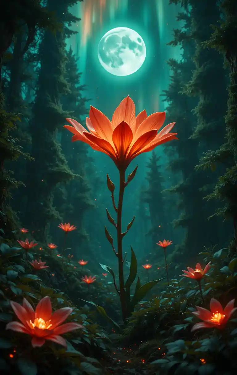Glowing lily in a dark enchanted green fantasy forest