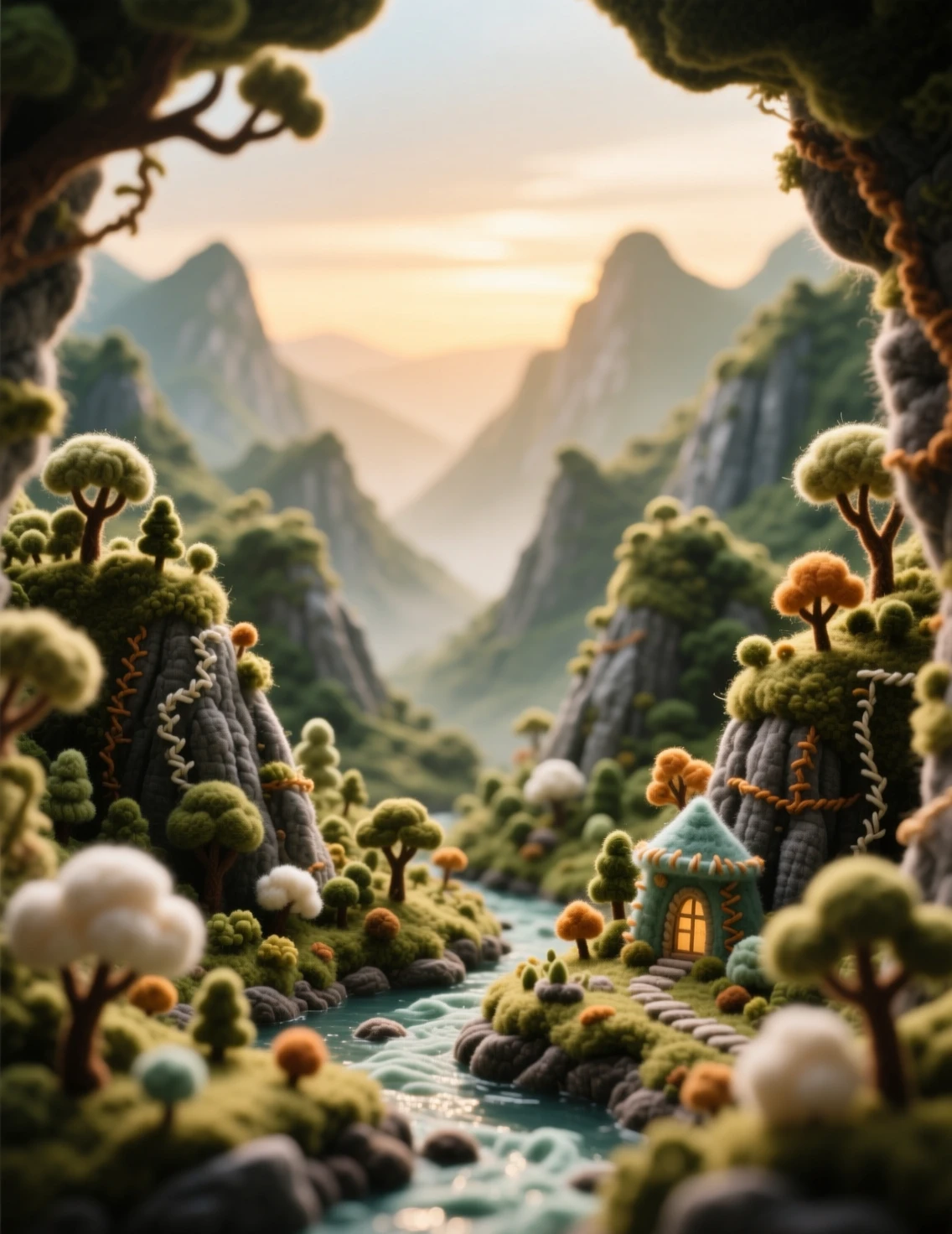 Miniature felt diorama of a serene mystical ravine landscape