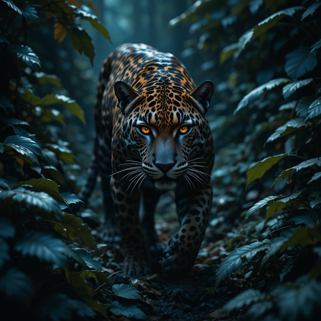 Onça-pintada surgindo das sombras da selva com olhos brilhantes