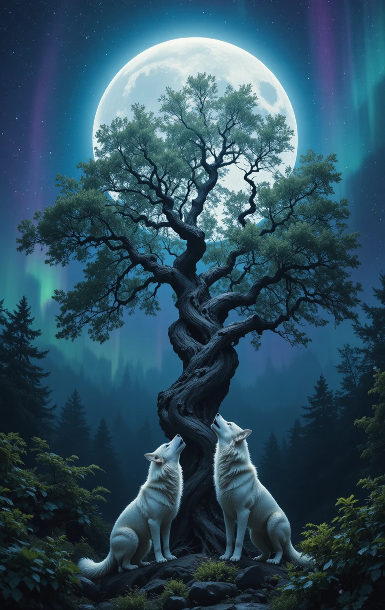 White wolves howling beneath a full moonlit forest sky