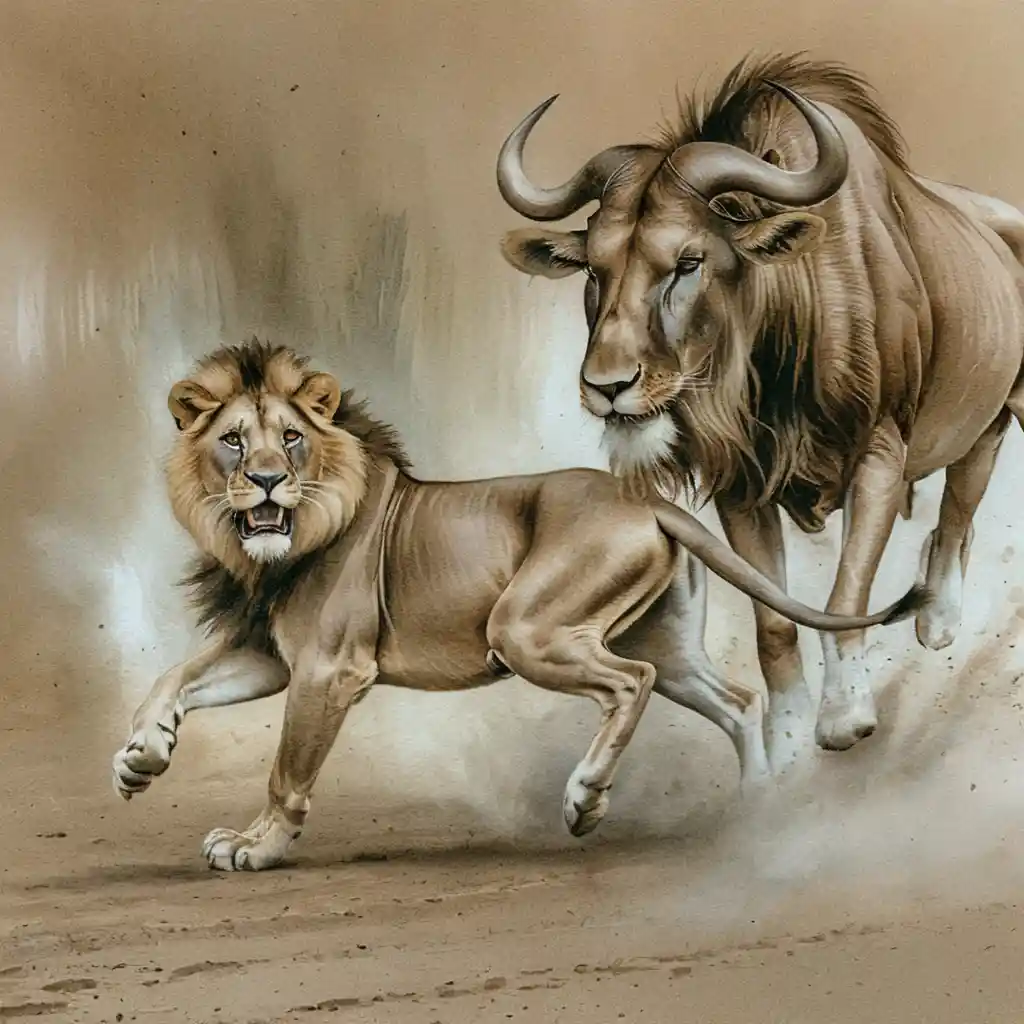 Leão perseguindo gnus pela savana empoeirada ao pôr do sol
