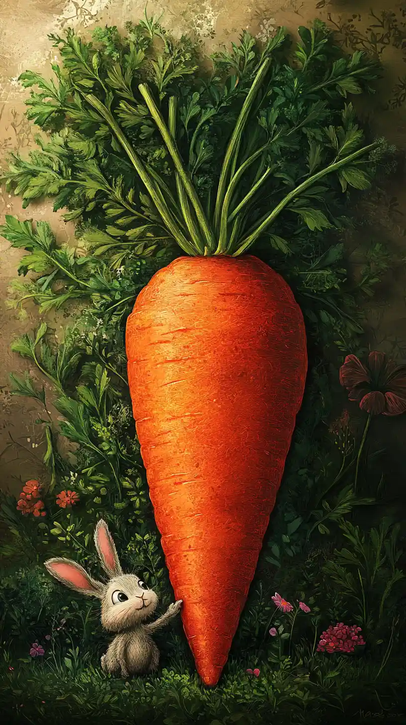 Dolce coniglietto cartoon accanto a una grande carota rossa