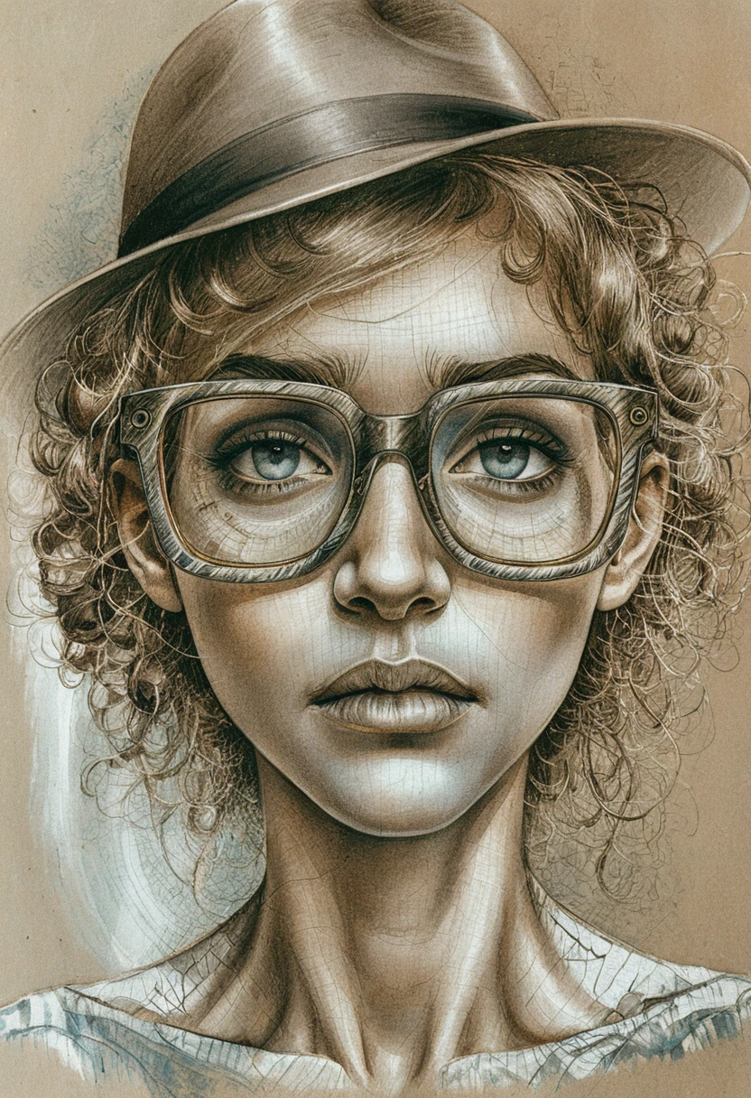 Surreal scribble faced woman with cracked teal glasses