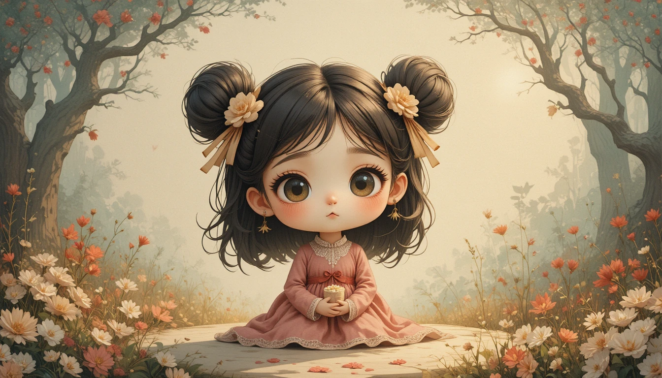 Encantadores personajes chibi en un cálido mundo de cuento de hadas