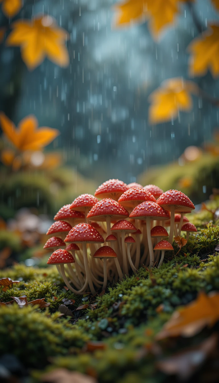 Cogumelos vermelhos na chuva sobre musgo verde exuberante