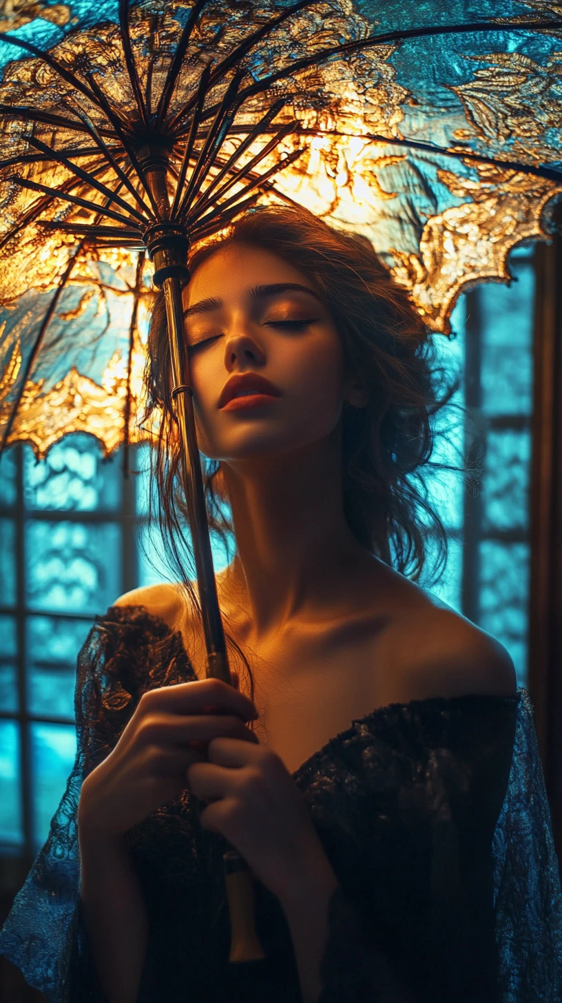 Woman holding an umbrella inside a quiet home interior