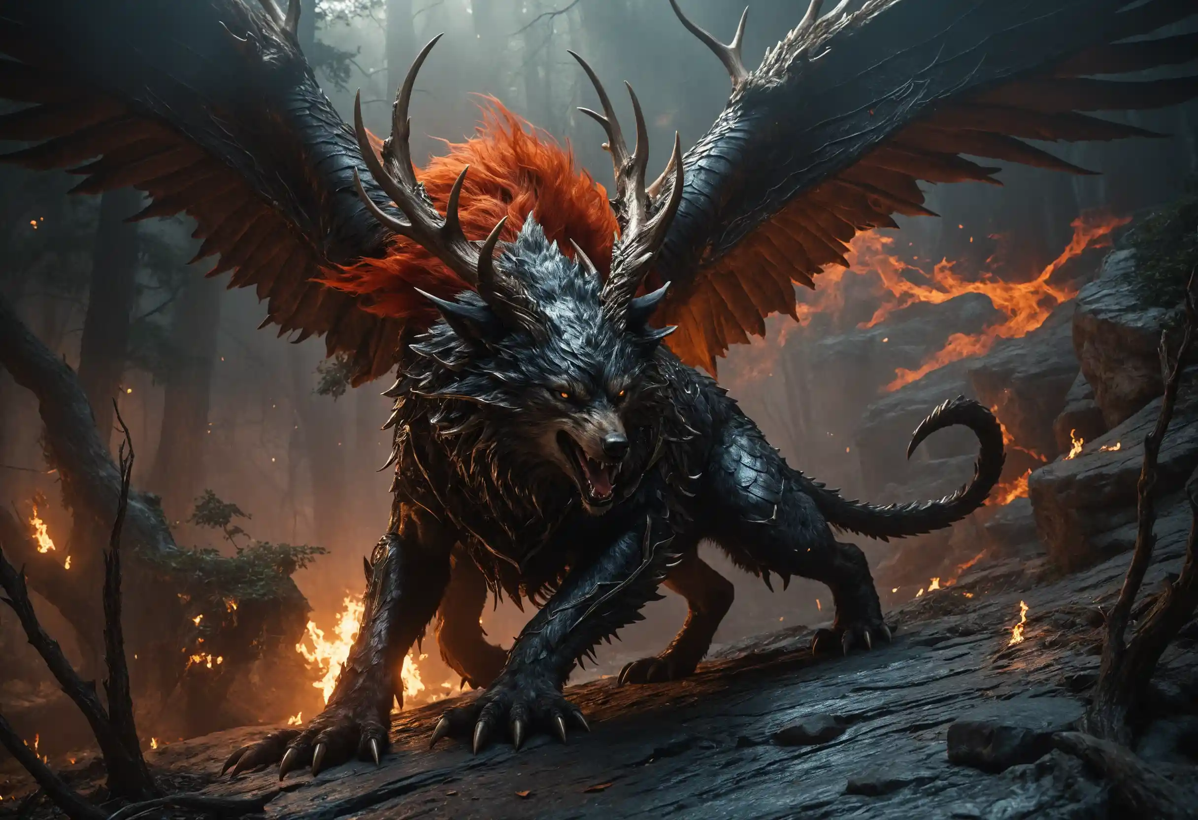Mythical wolf dragon chimera crowned with antlers at night