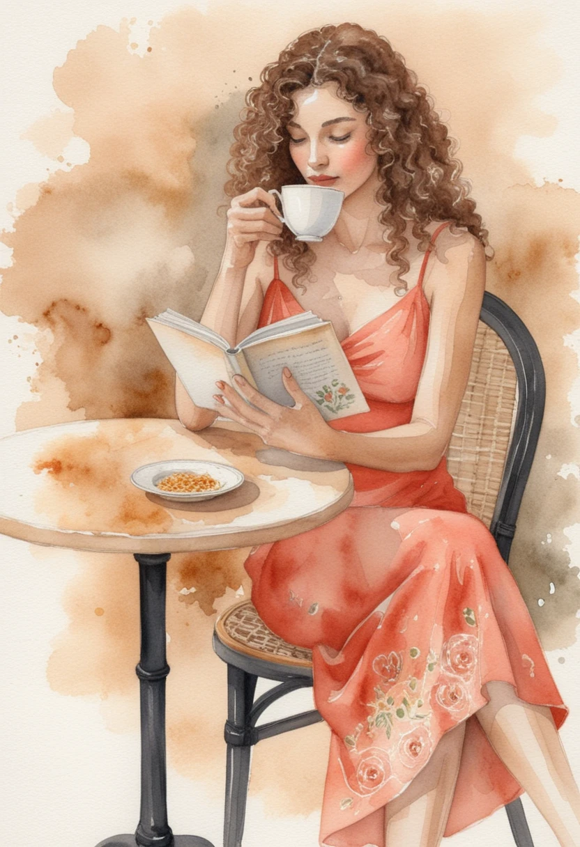 Elegant woman reading at a cozy watercolor cafe table