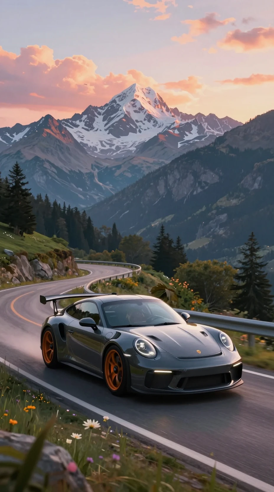 Porsche-Sportwagen auf nasser Bergstraße bei Sonnenuntergang