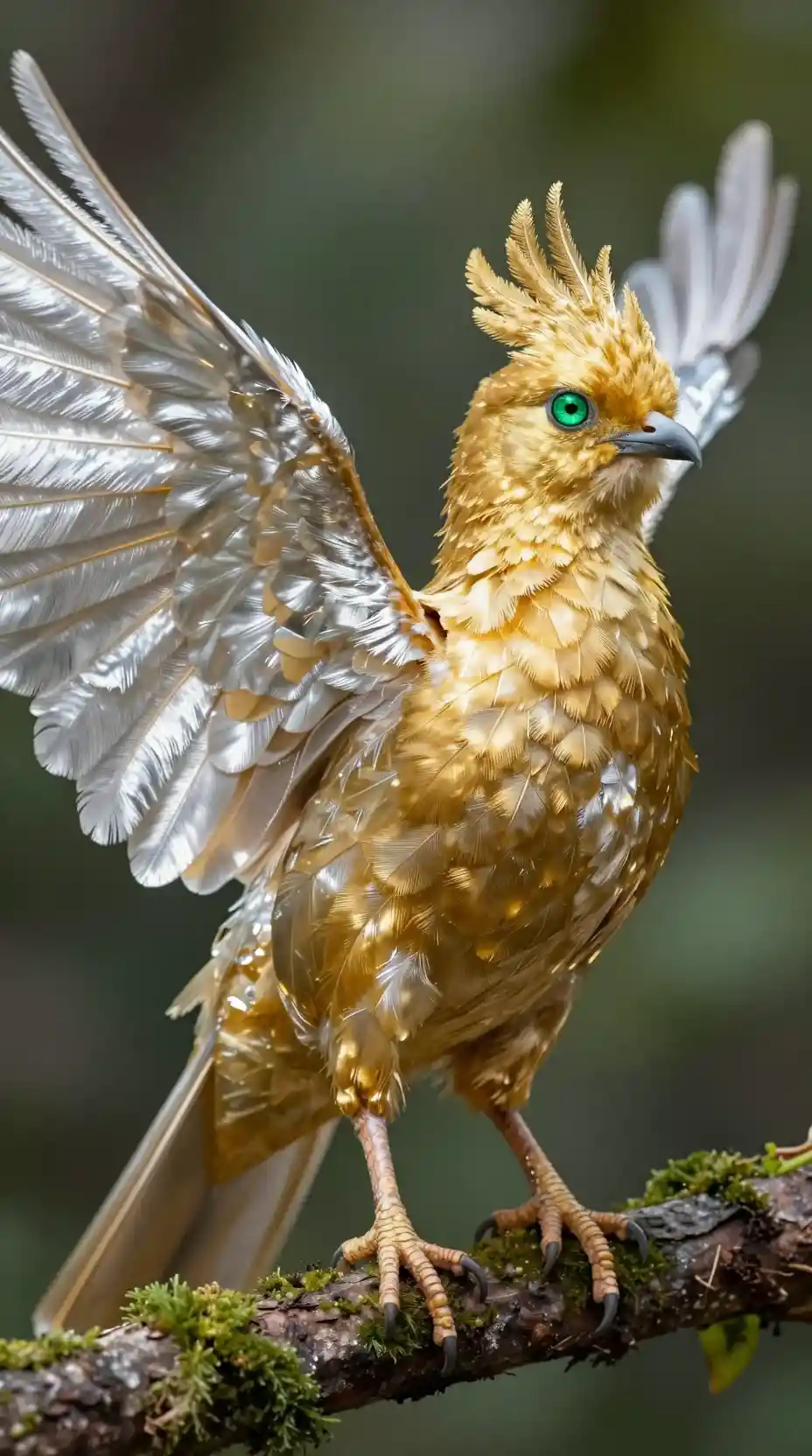 森林樹枝上的銀翼華麗金鳥