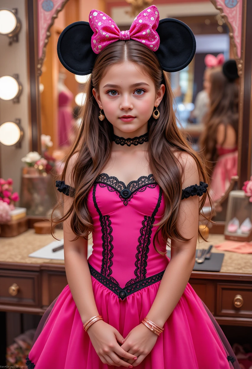 Garoto pré-adolescente tímido com roupa da Minnie Mouse em penteadeira de boutique