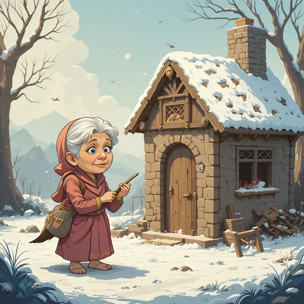 Nonna e uccellino costruiscono insieme una casa di neve