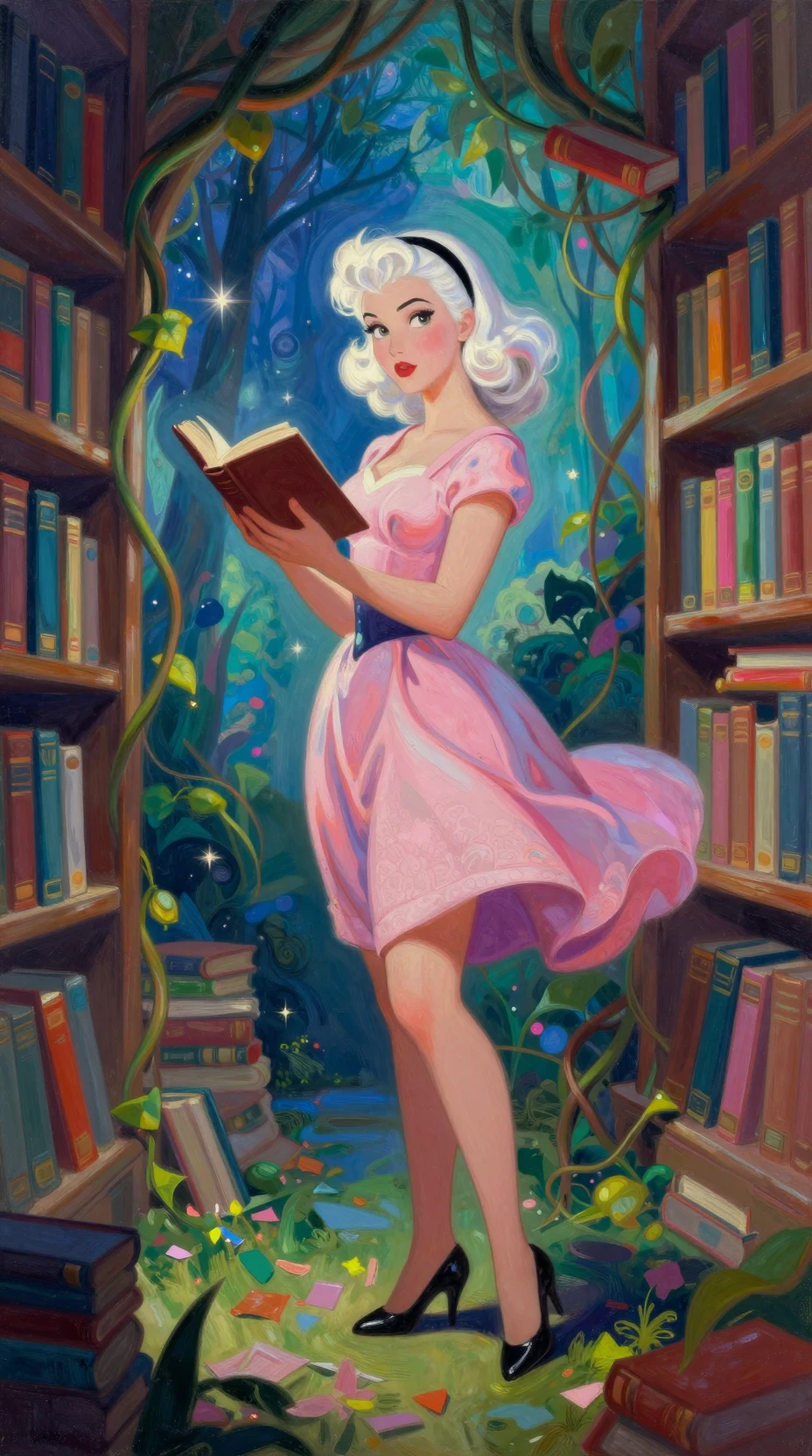 Elegante pin-up em uma biblioteca com livros flutuando