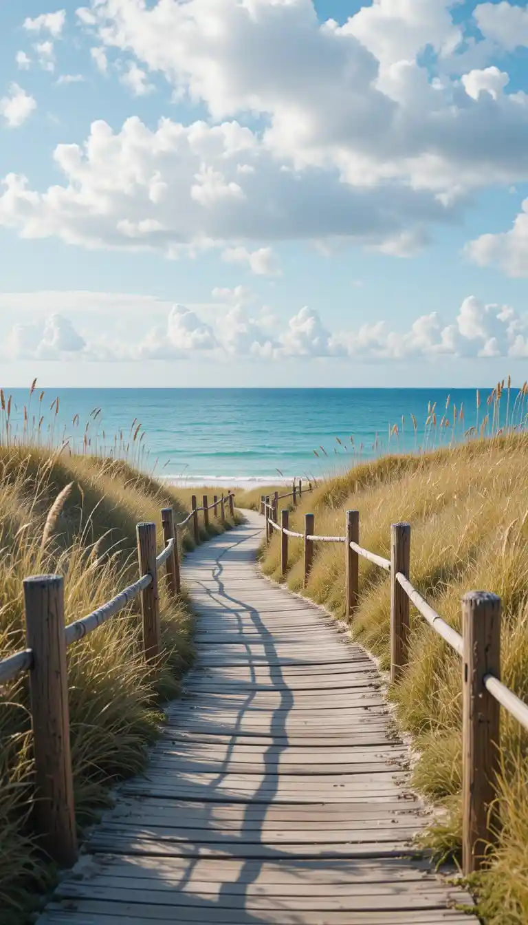 Passerella da spiaggia in legno che attraversa l’erba verso un mare calmo