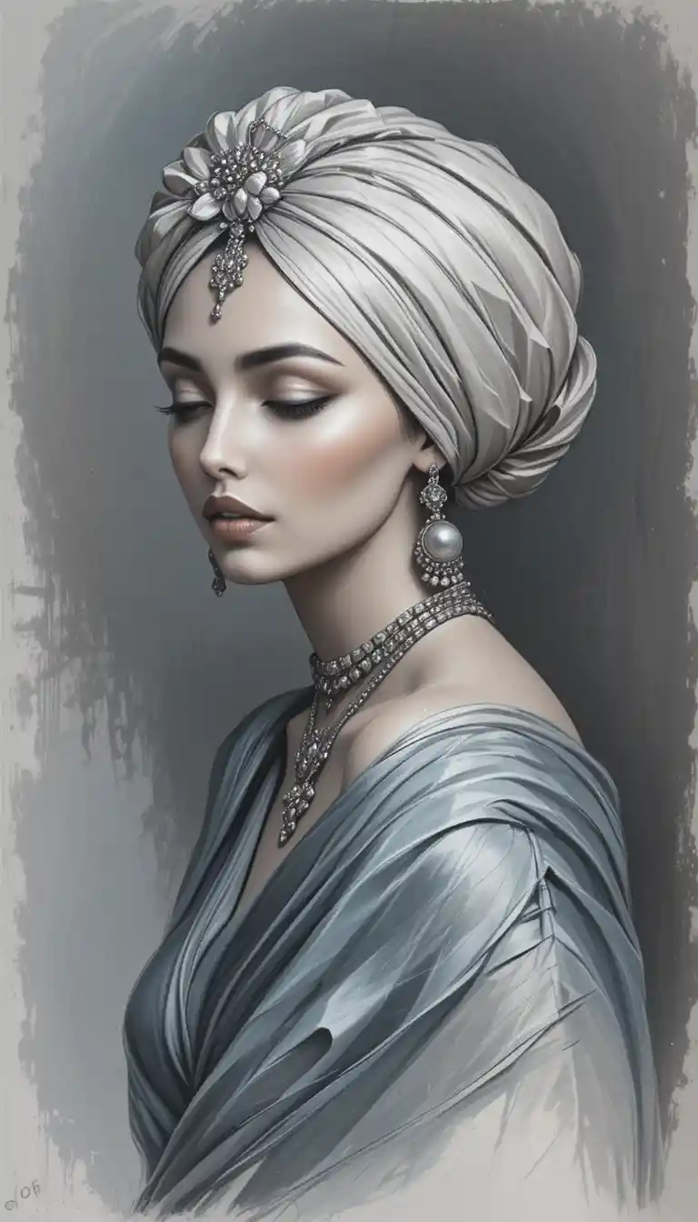 Elegant woman in turban oil portrait with serene gaze