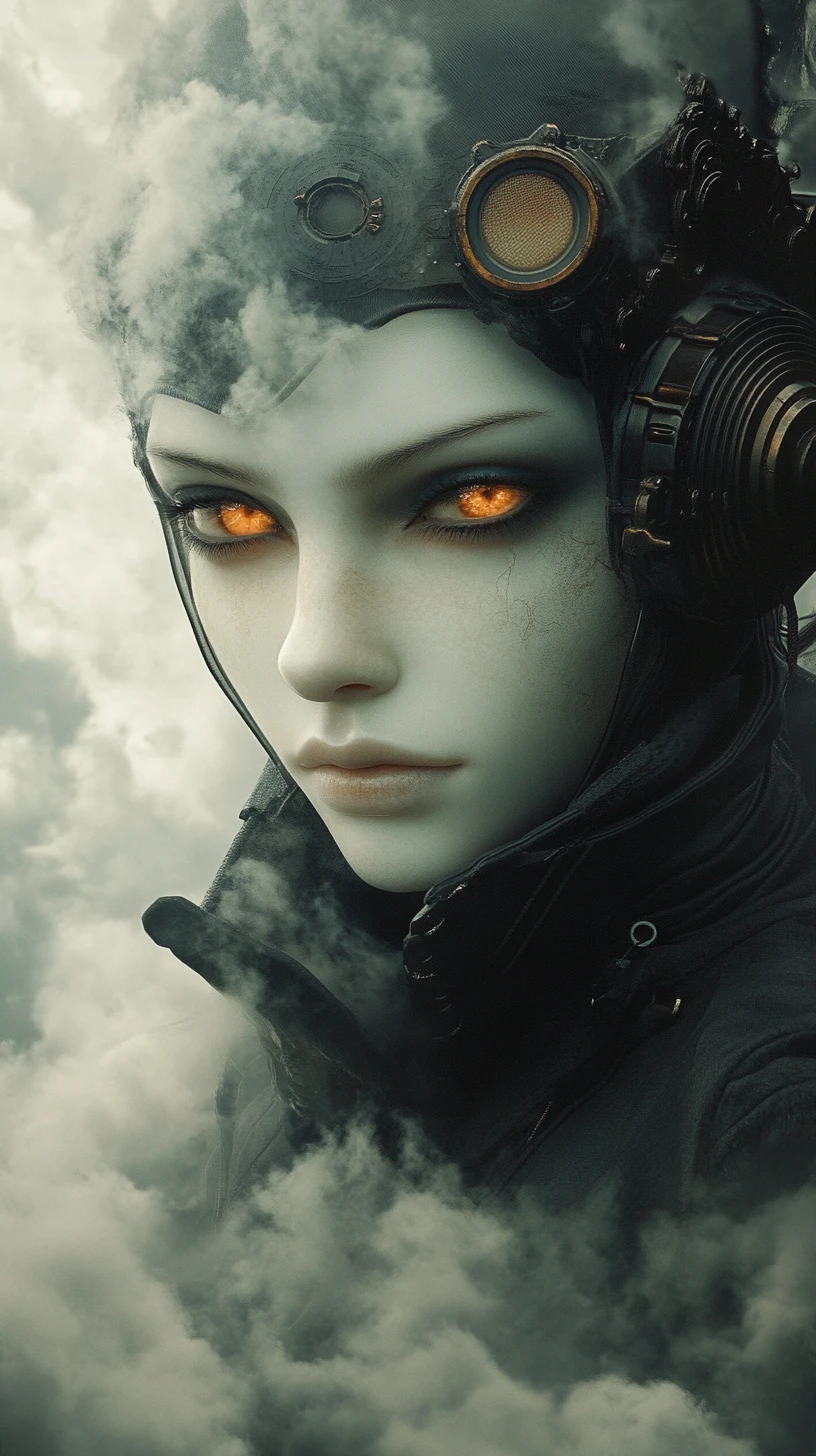 Femme androgyne de science-fiction dans une ville dystopique enfumée