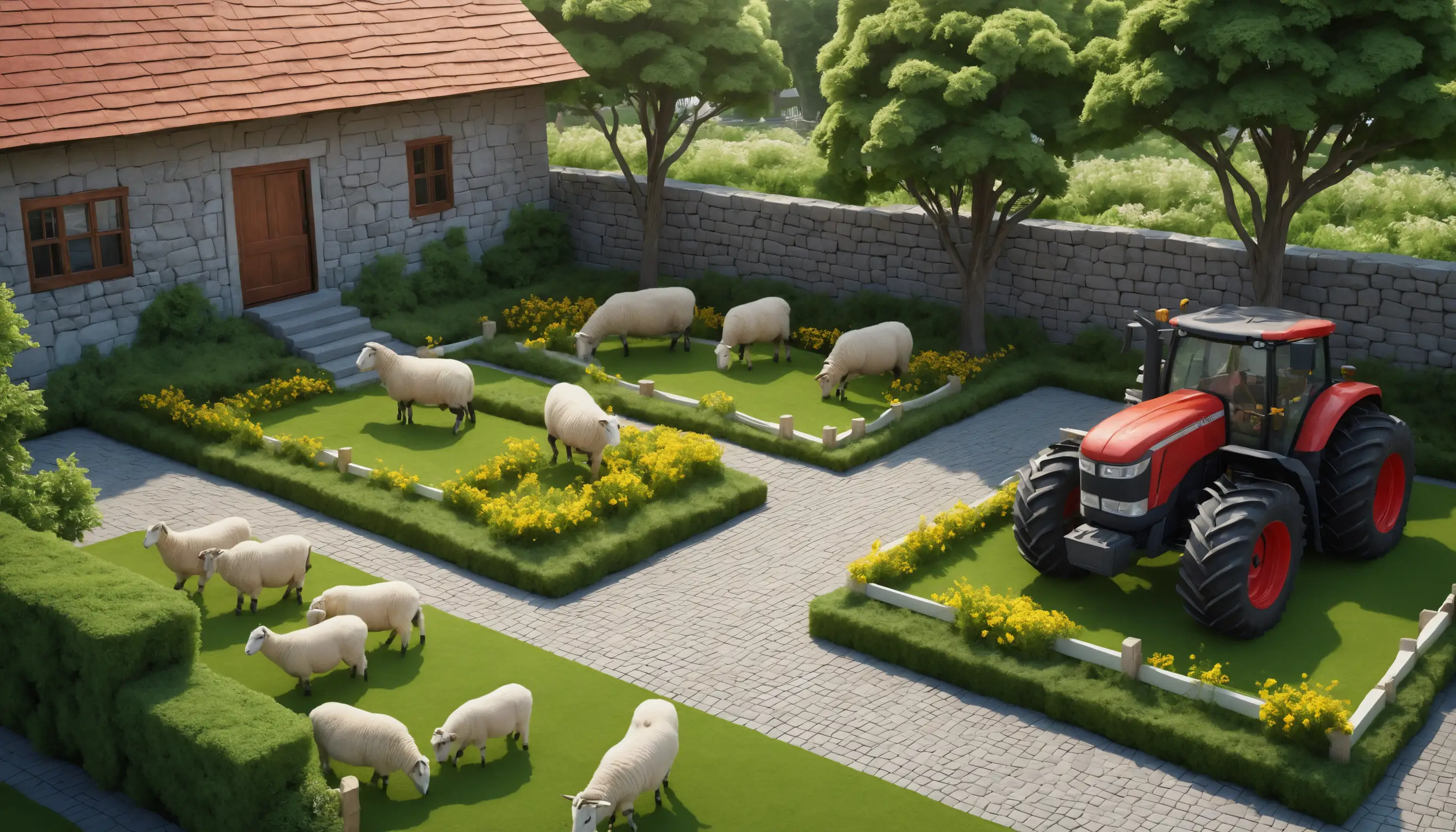 Fazenda virtual isométrica com tratores vermelhos e cercados para animais