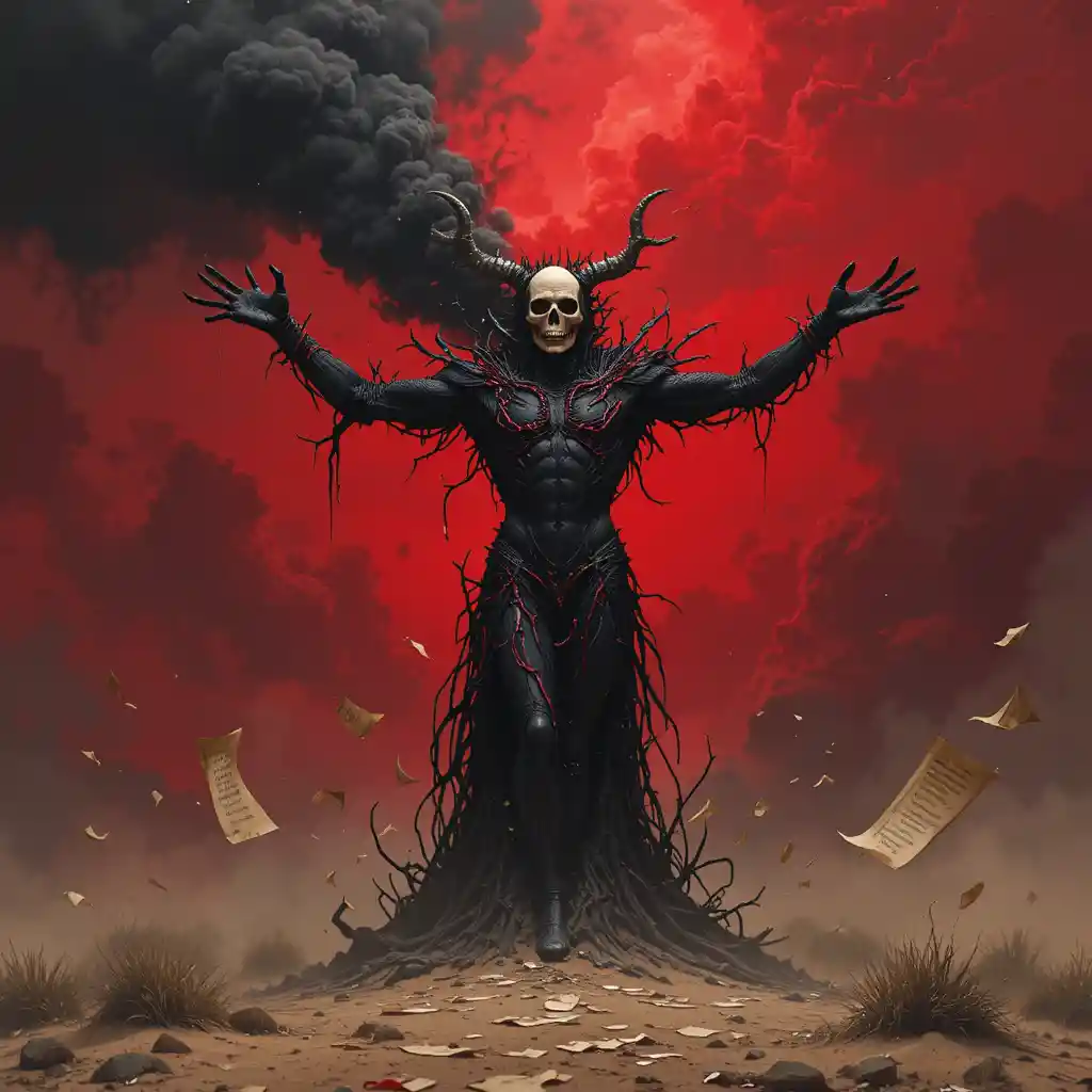 Démon colossal épineux face à un horizon rouge en flammes