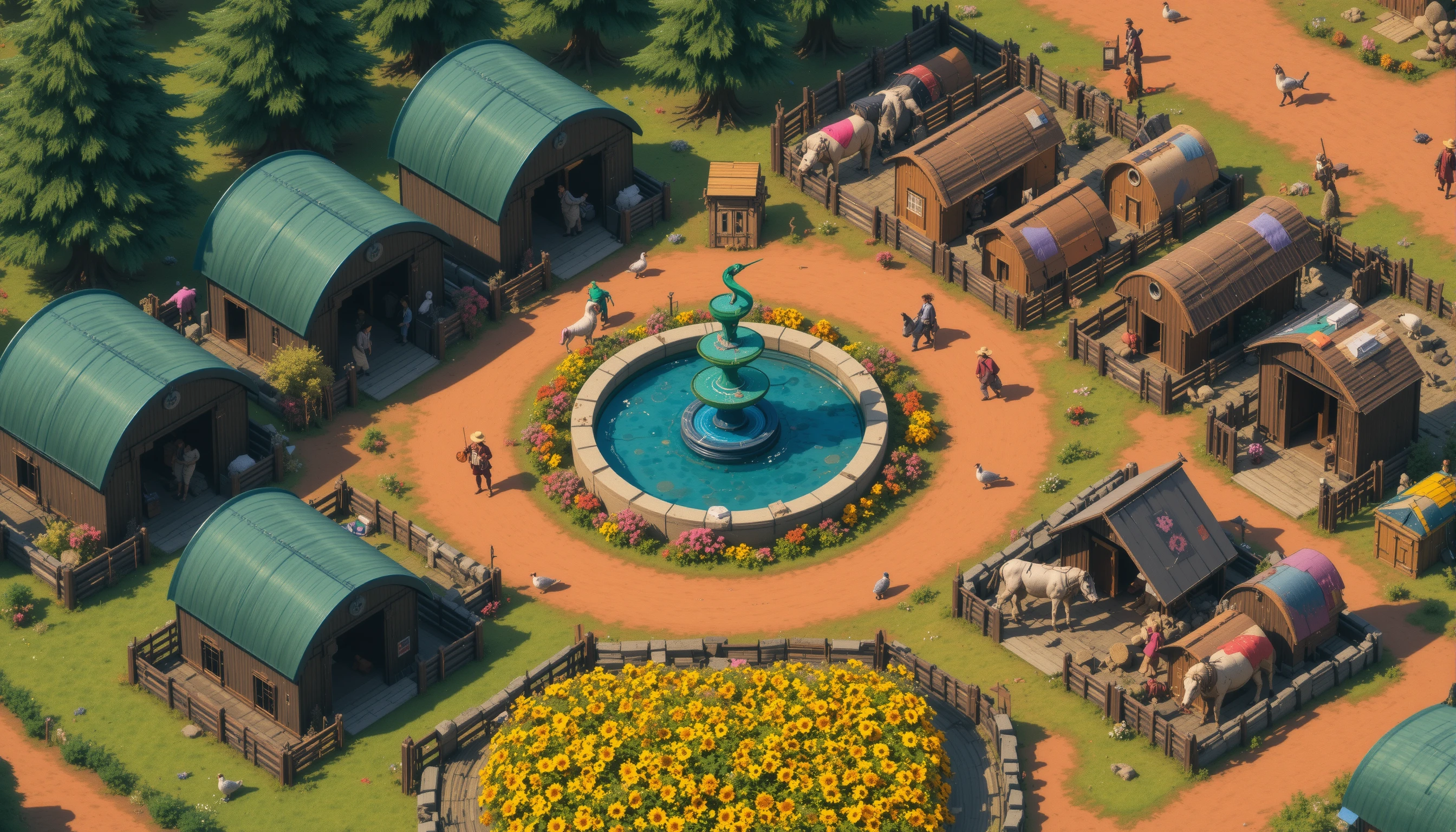 Bunte isometrische Farm mit Ställen, Tieren und Teich