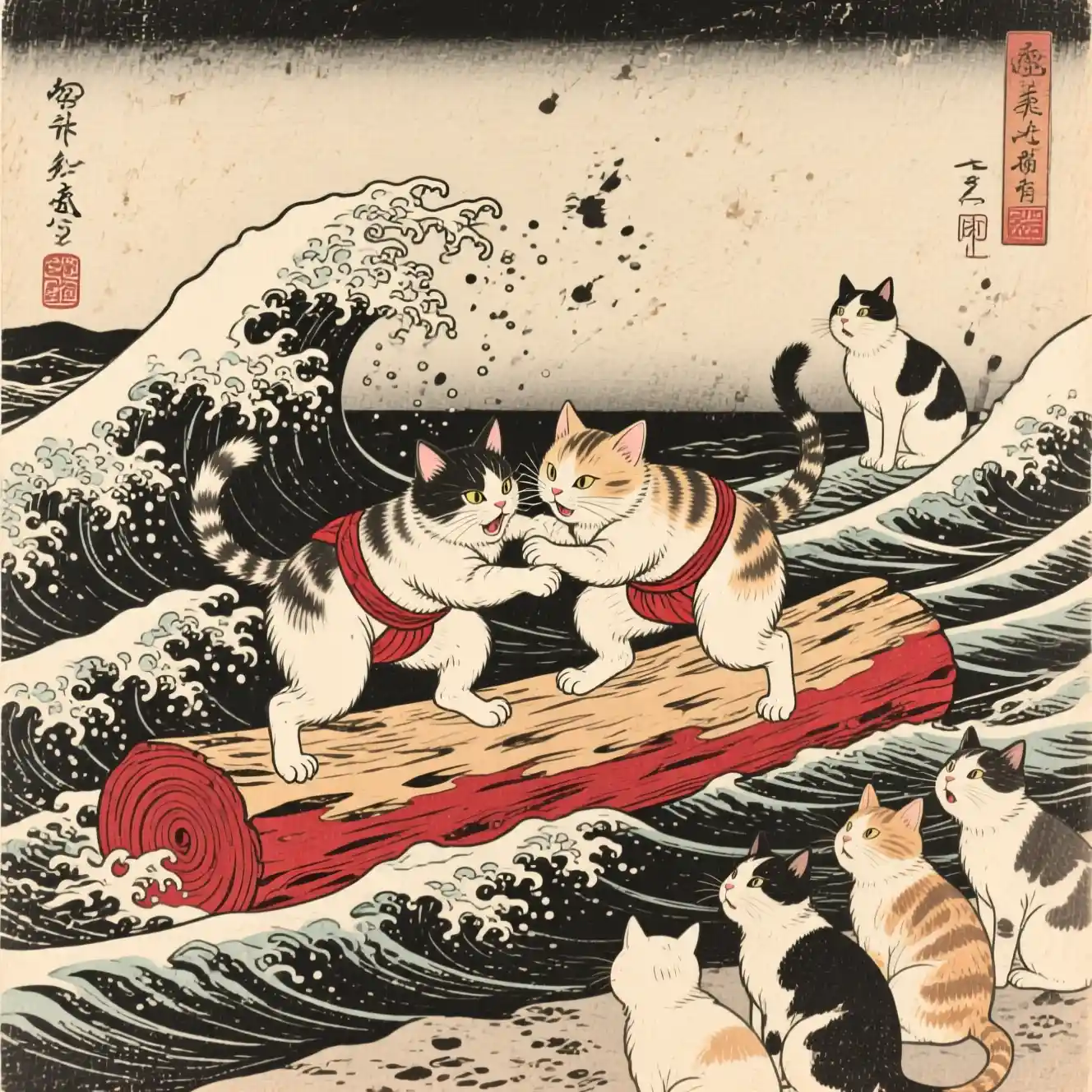 Deux chatons qui luttent comme des sumos sur des vagues au style ukiyo-e