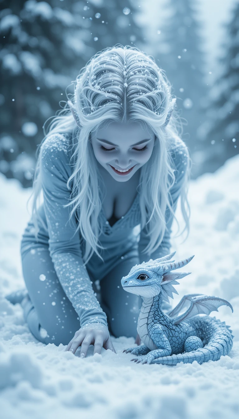 Frost elf kneeling in snow with smiling baby dragon