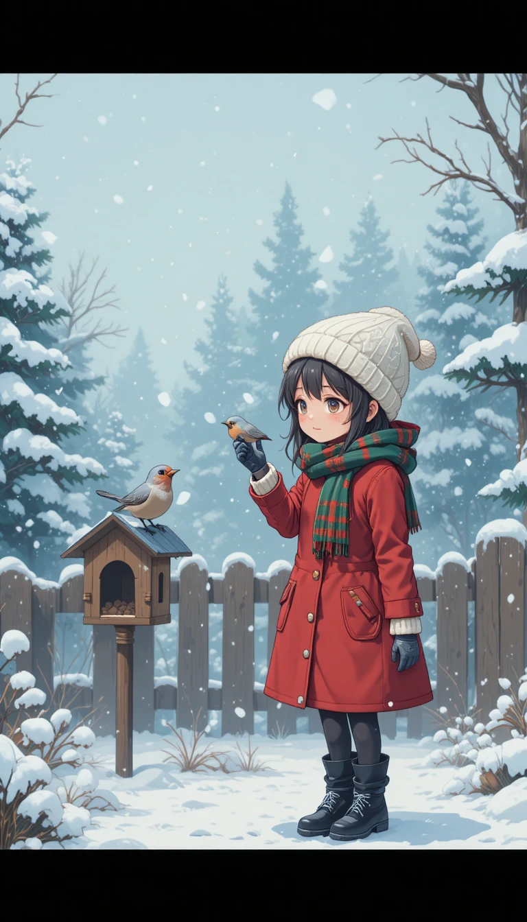 Anime-Kind füttert Vögel in einem verschneiten Winterwald