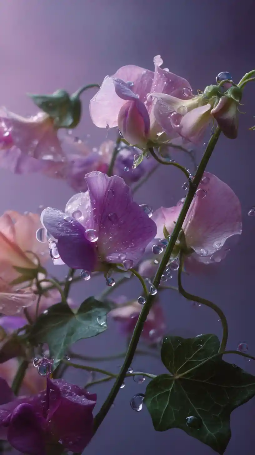 Natureza-morta floral surreal onírica com gotas flutuantes