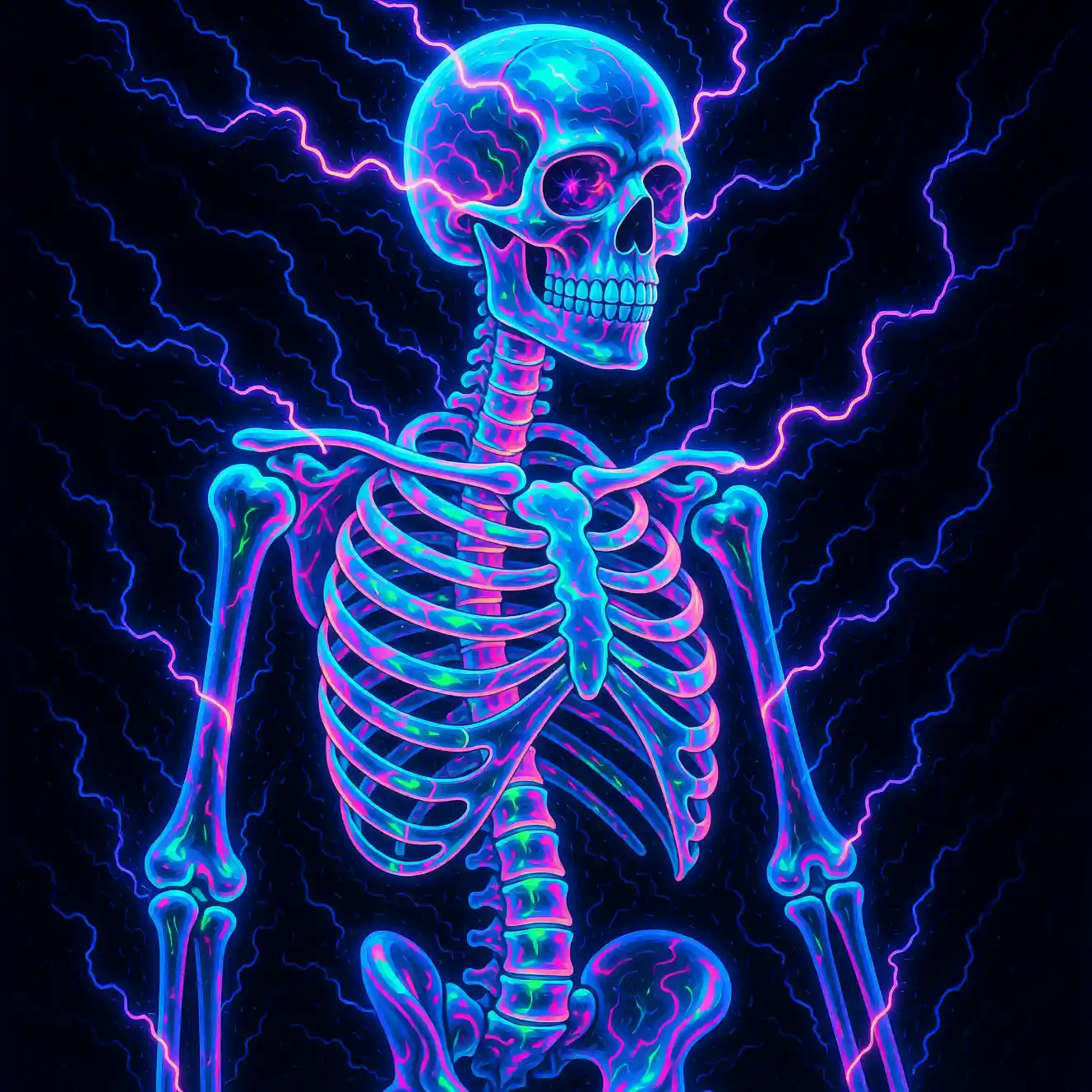 Anatomia de Esqueleto Neon Brilhante em Espaço Abstrato Escuro