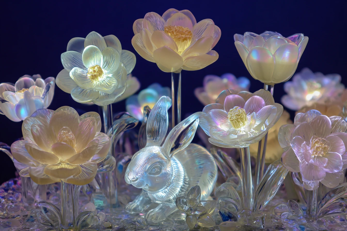 Leuchtende Glasblumen mit einem klaren Hasen auf dunkelblauem Hintergrund