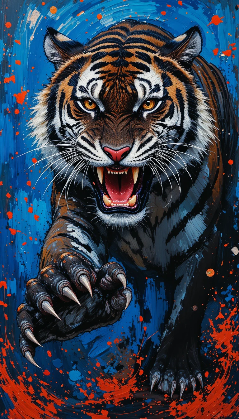 Wilder schwarzer Tiger, der durch leuchtende abstrakte Farbe springt
