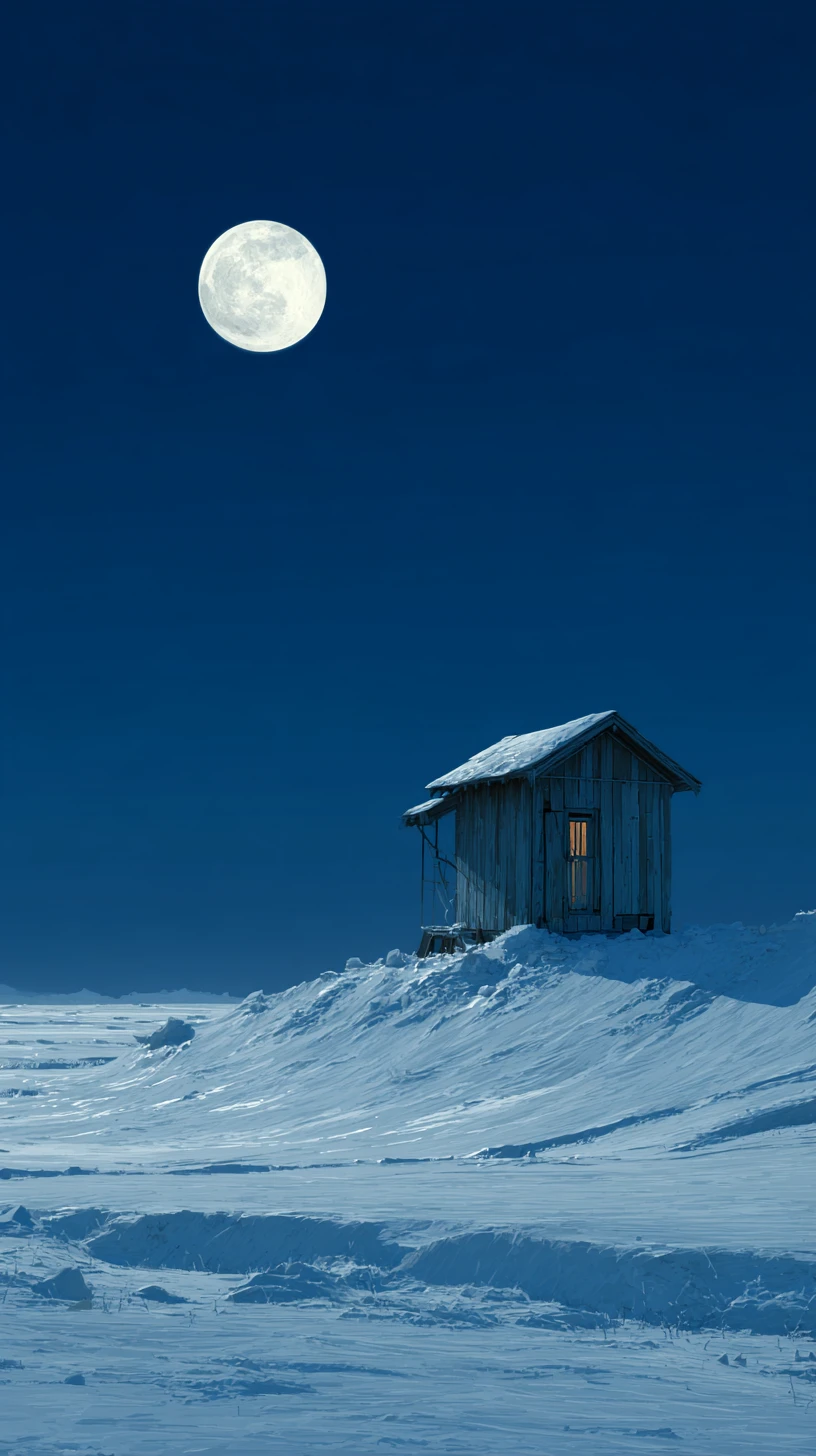 Casa de madeira solitária em uma colina nevada sob a lua cheia