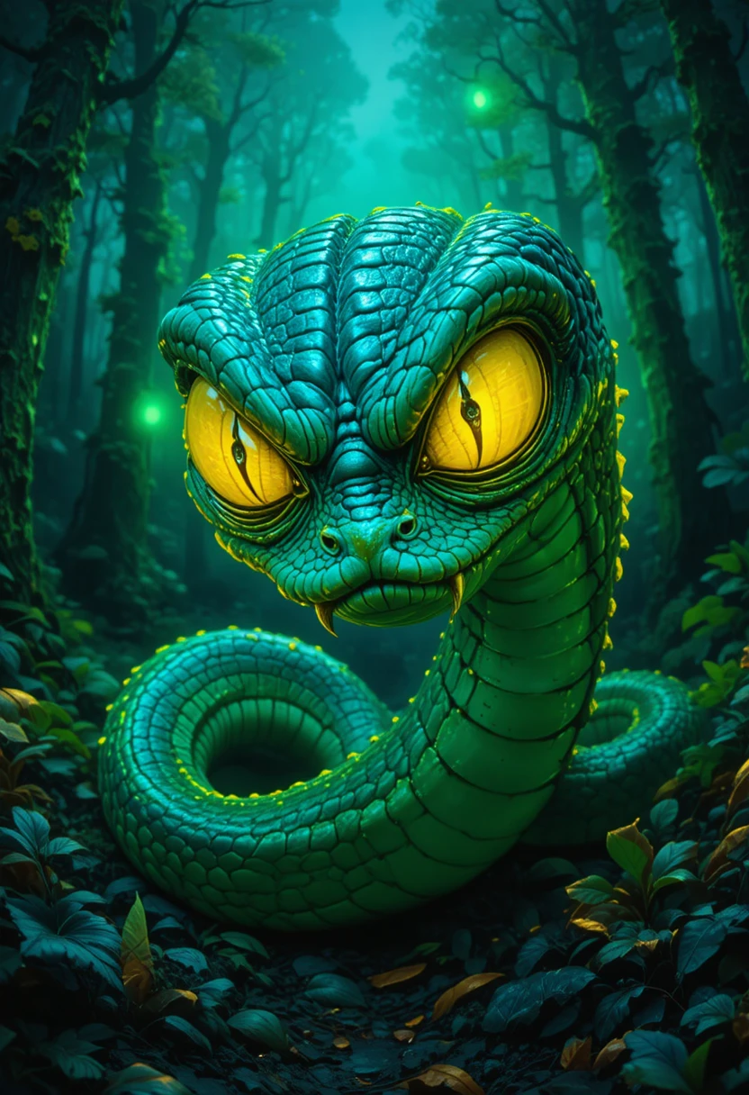 Neon Monster Snake With Giant Yellow Eyes In Dark Forest