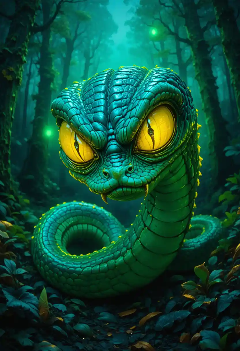 Cobra Monstro Neon com Olhos Amarelos Gigantes em Floresta Escura
