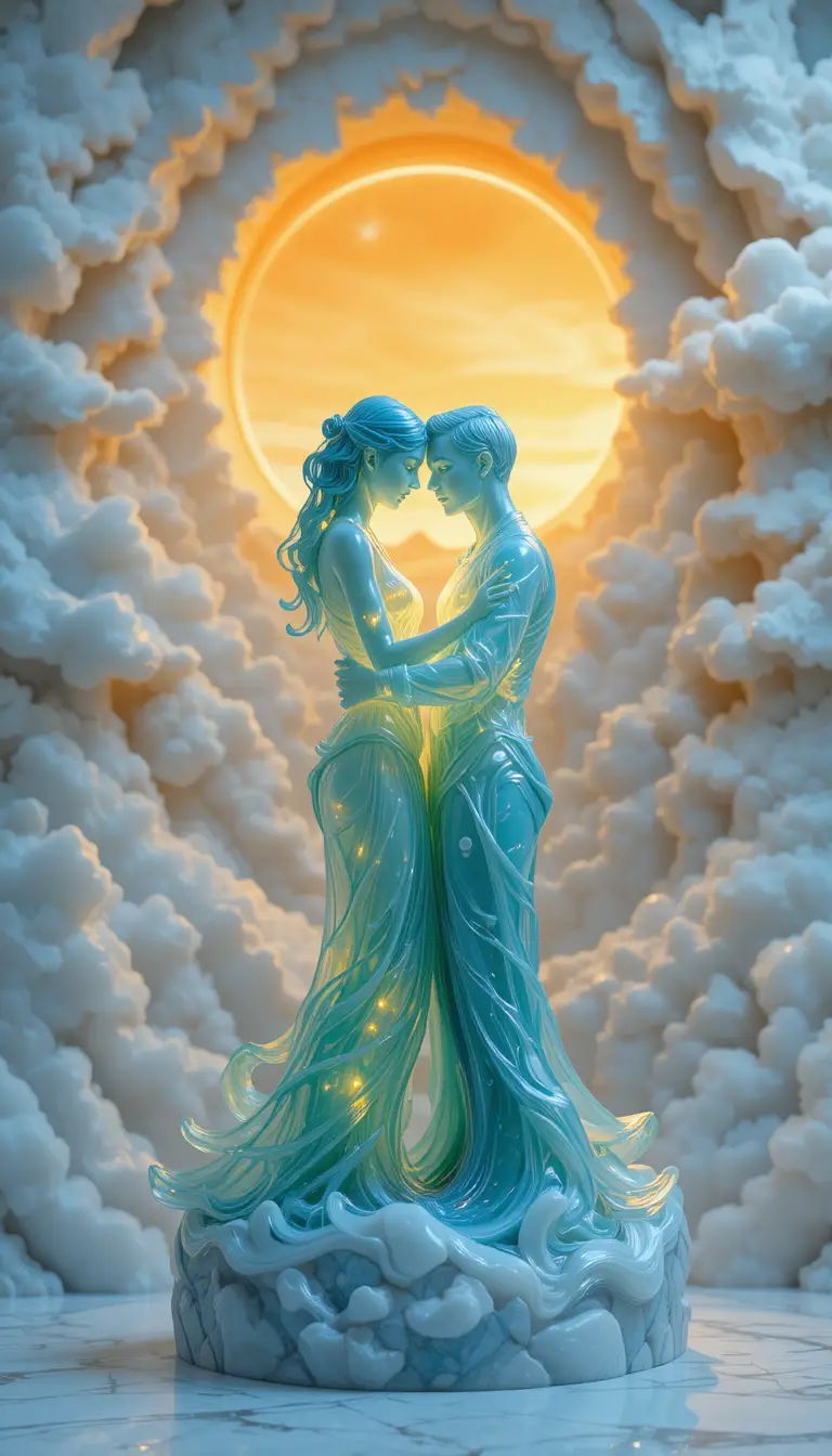 Sculpture de Couple en Jade Lumineux dans un Paysage de Nuages de Marbre