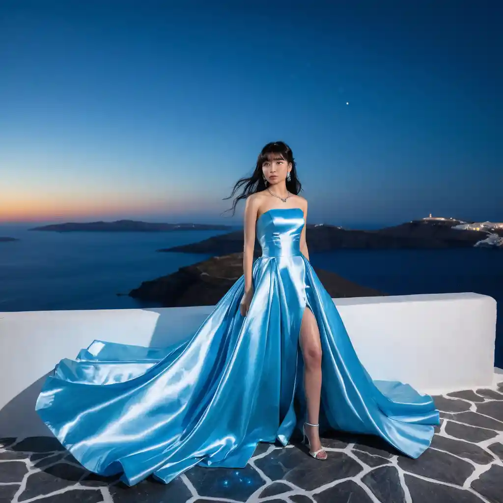 Elegante mulher japonesa em vestido de cetim azul à noite