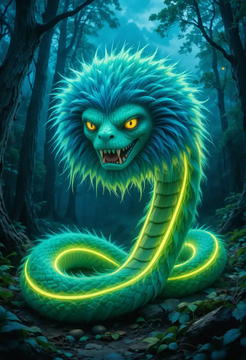 Cobra Monstro Neon Inclinada para a Frente em Floresta Escura