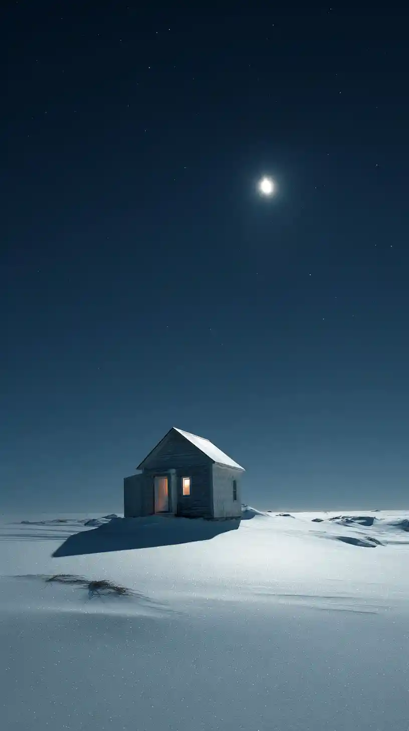 Casa de Madeira Solitária em Colina Nevada sob a Lua Cheia