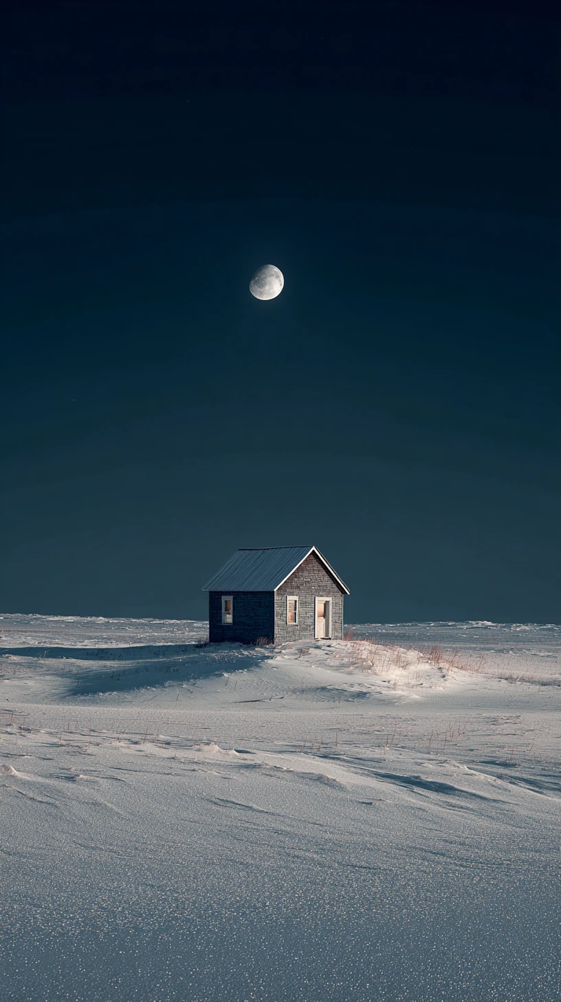 Casa di legno solitaria su una collina innevata sotto la luna piena