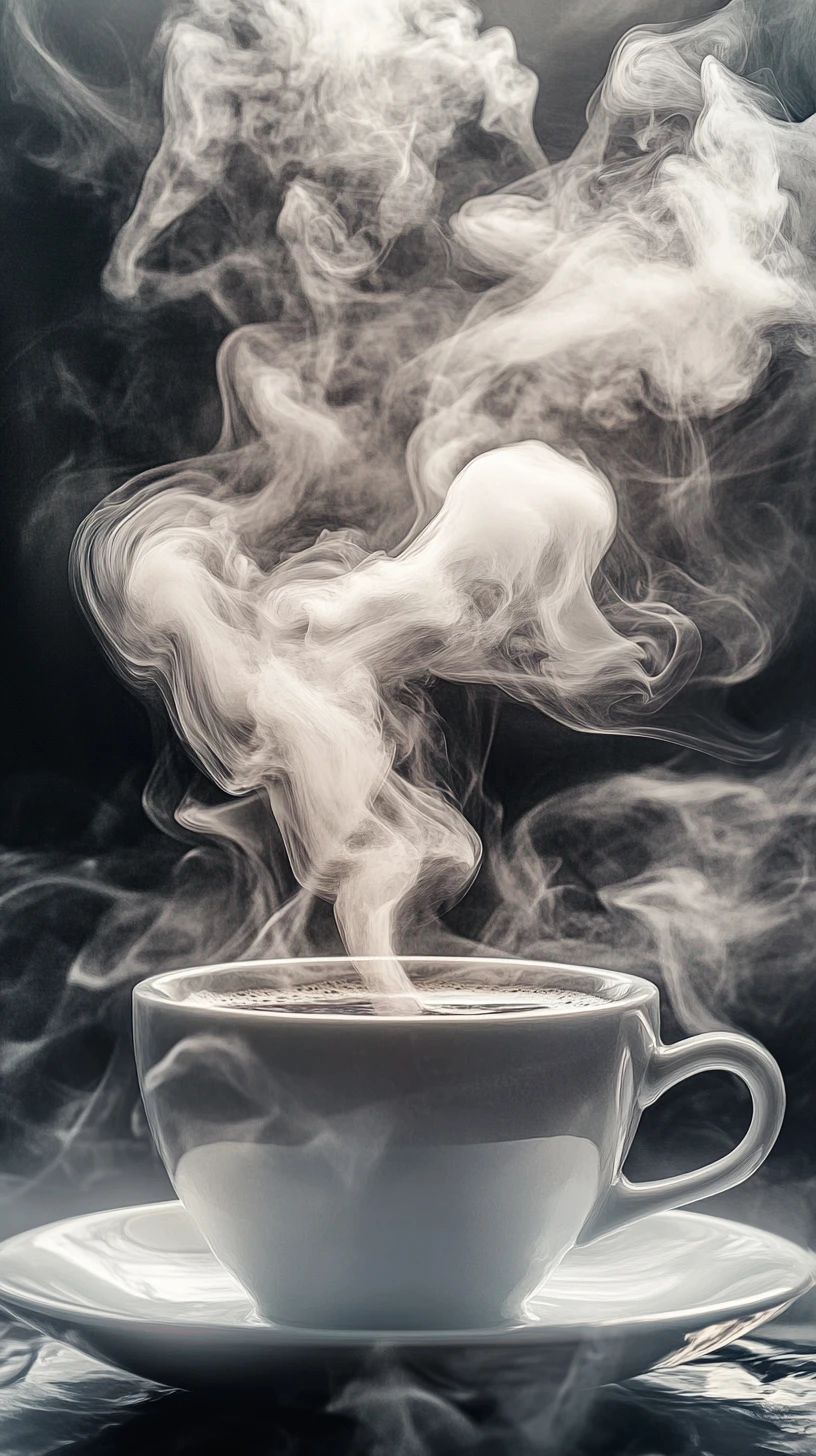 Tourbillon de fumée formant une tasse de café noir flottante