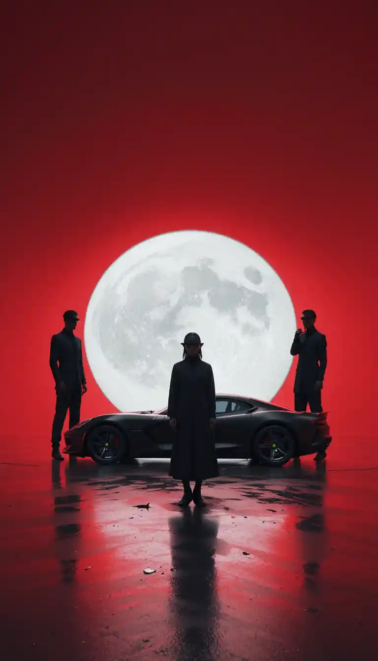 Affiche minimaliste de voiture de sport et lune sur dégradé rouge