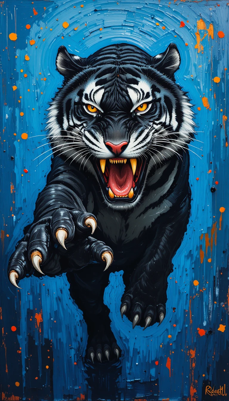 Zähnefletschender schwarzer Tiger, der im Impasto-Ölgemälde nach vorne springt