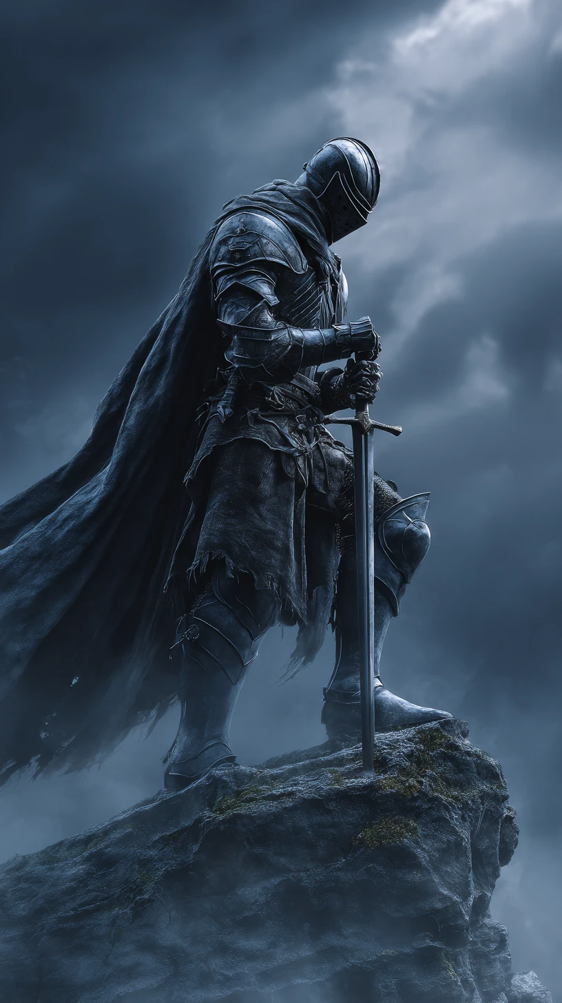 Lone armored knight on jagged rock under stormy twilight sky