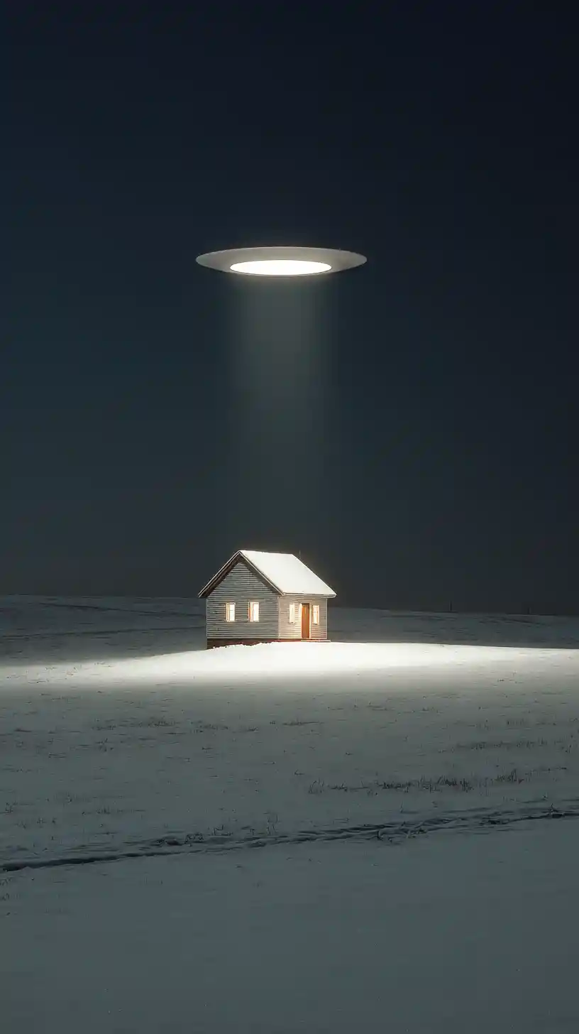 Einsam verschneites Haus im Vollmond mit schwebendem UFO