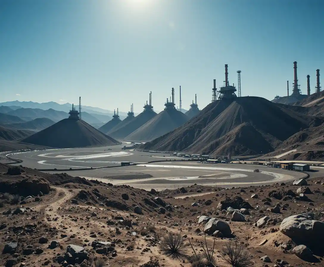 Industrial slag heaps rising over a barren desolate landscape