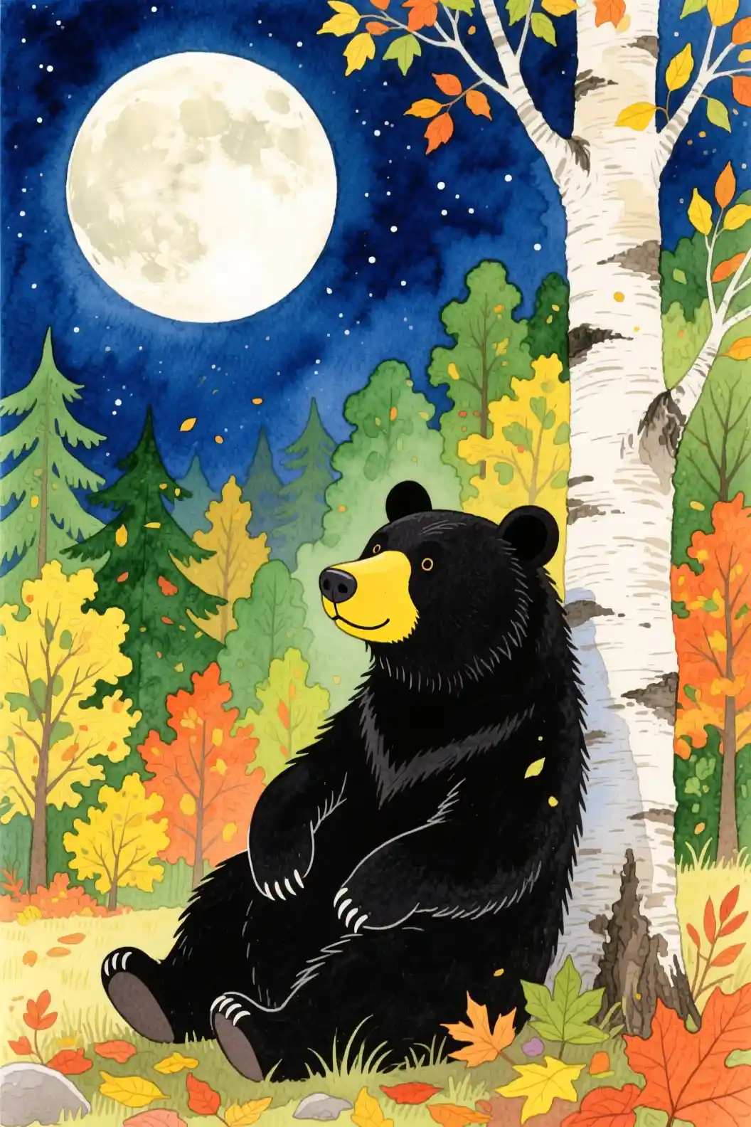 Ours en aquarelle se reposant près d’un bouleau sous la pleine lune