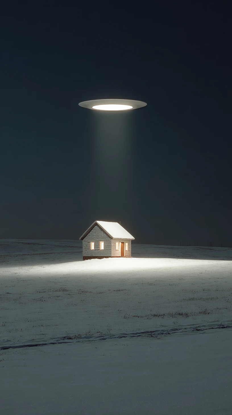 보름달 아래 눈에 갇힌 외딴 집과 공중에 떠 있는 UFO