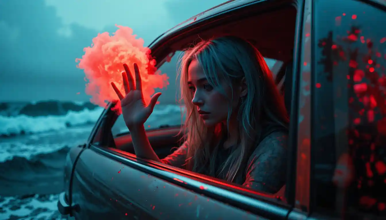 Woman trapped in a car against a dark ocean night