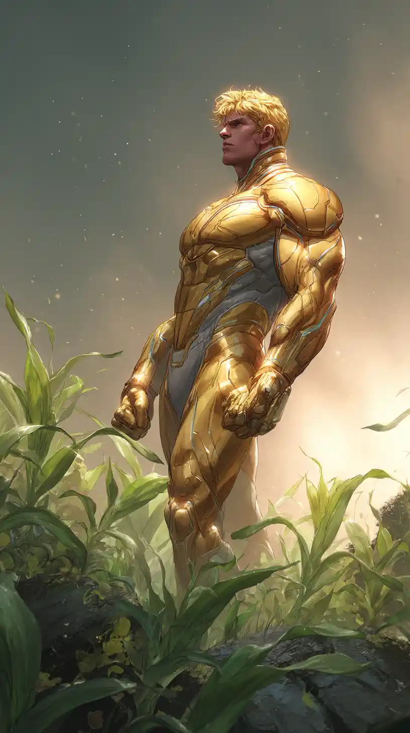 Muscular Astronaut In Gold Spacesuit On Alien Field