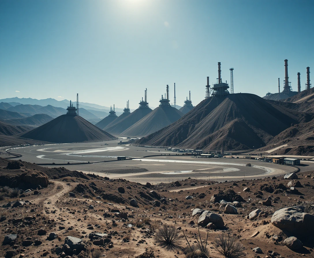 Industrial slag heaps rising over a barren desolate landscape
